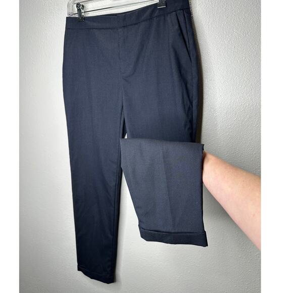 Zara Navy Blue Micro Tweed Straight Leg Cuffed Trouser Pant 6 - Picture 1 of 13